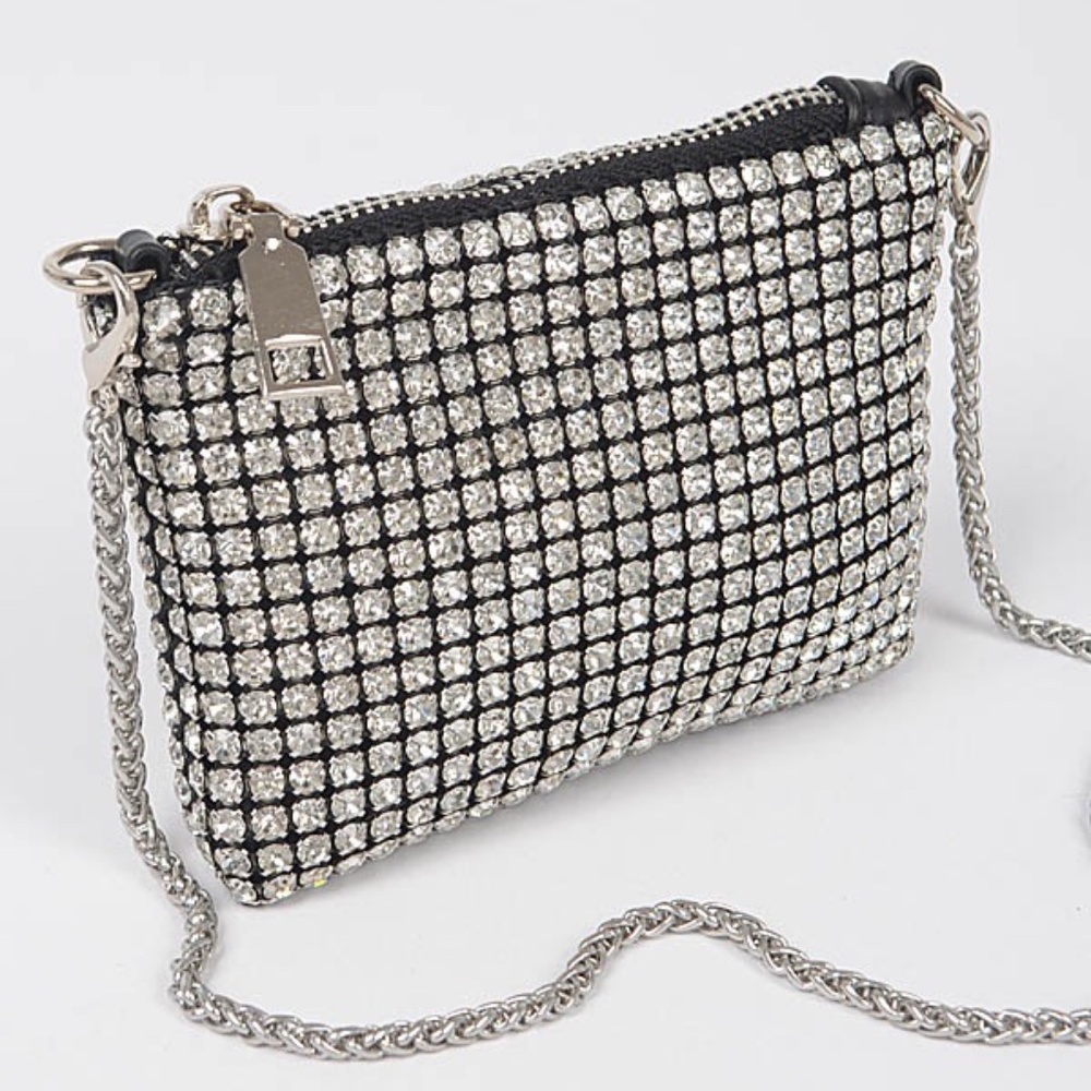 Rhinestone and Mixed Metal Mesh Crossbody Bag (Small 5.5W x 4H x 1D)